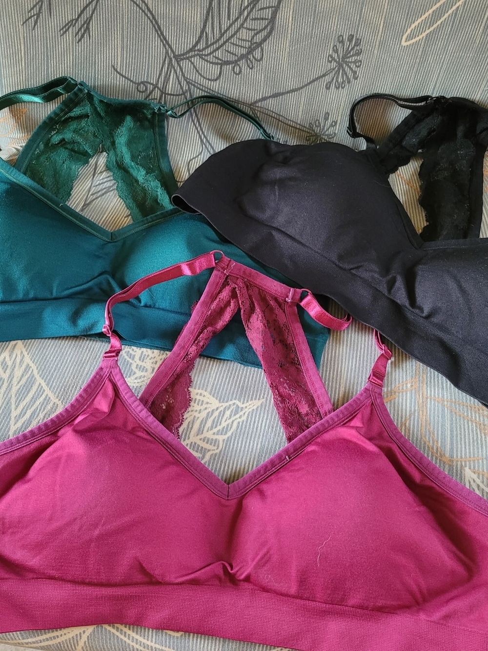Wireless Lace Racerback Bralettes - Pack Of 3 - Magenta, Teal & Black